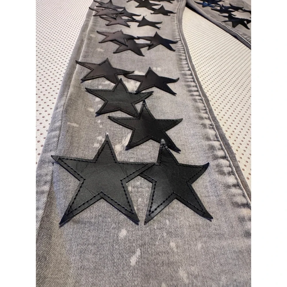 Waimea Mens Skinny Fit Gray Jeans Black Leather Star Applique Streetwear 34x32